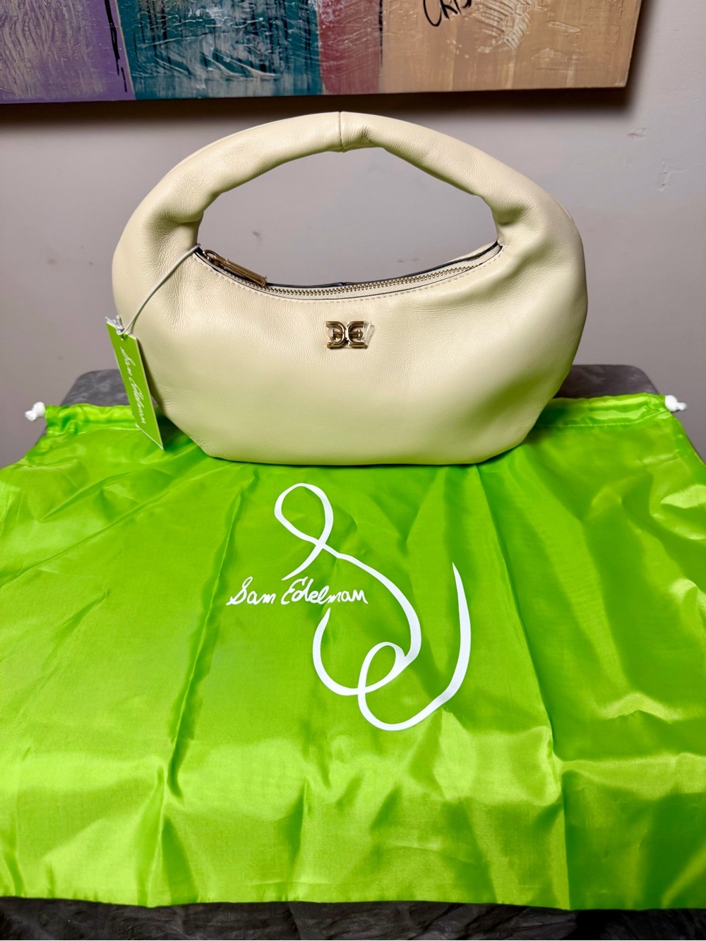 Brand New Sam Edelman Cream Leather Crescent Hobo Shoulder Bag